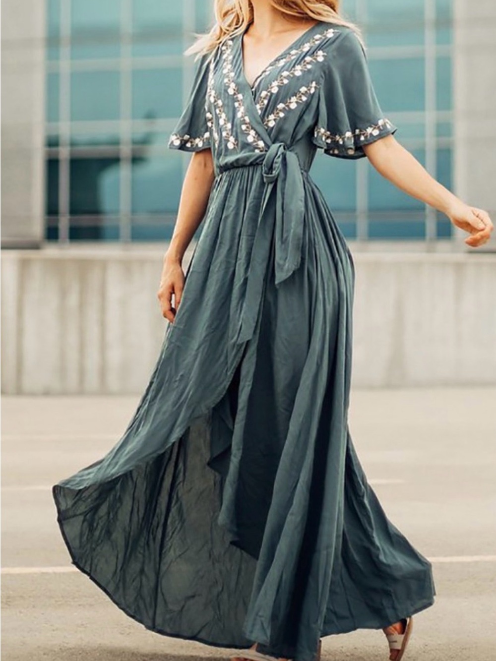JODIFL Teal Green Embroidered Wrap Maxi Dress